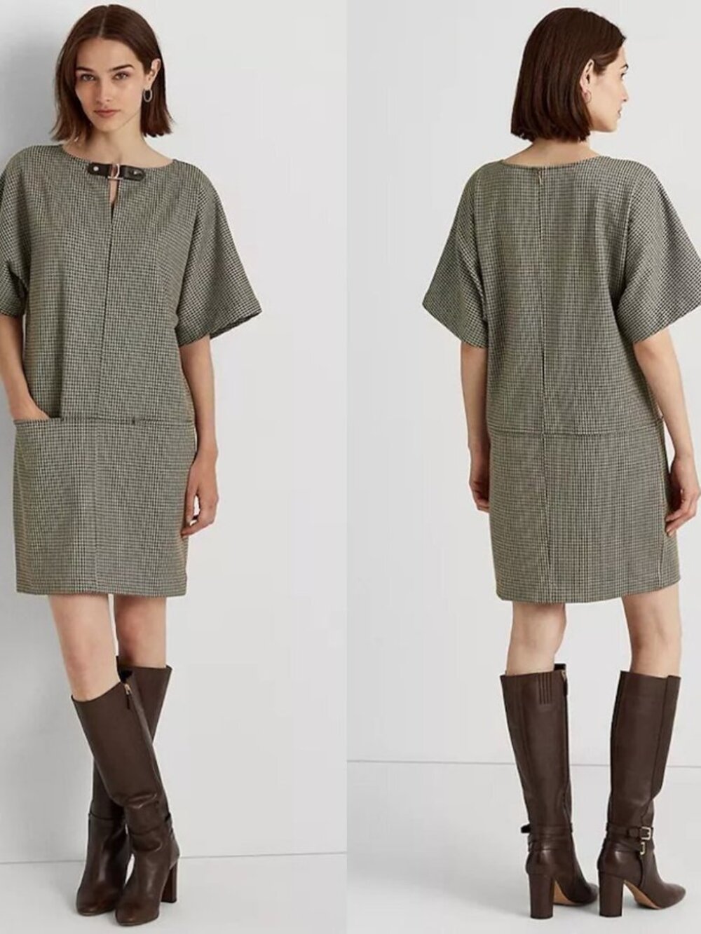 Ralph Lauren Houndstooth Jacquard Buckle Trim Equestrian Shift Dress Size XXL
